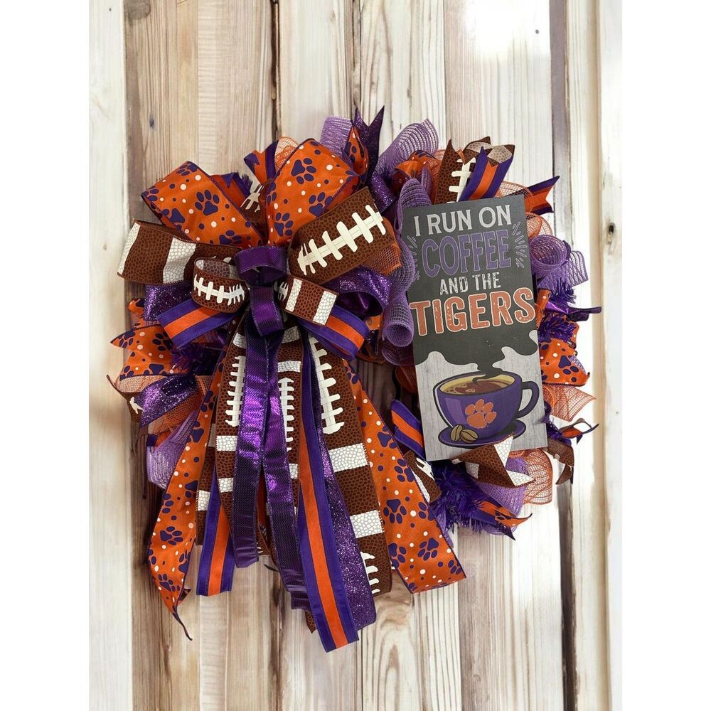 Clemson Football Wreath | ACC Tigers Door Decor | Orange Purple Mesh Game Wreath